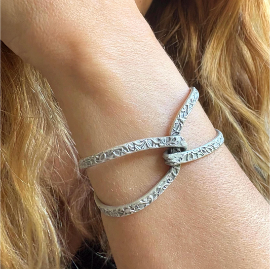 Adjustable Cuff Bangle: Antique Silver Finish, Floral Engraving, Brass