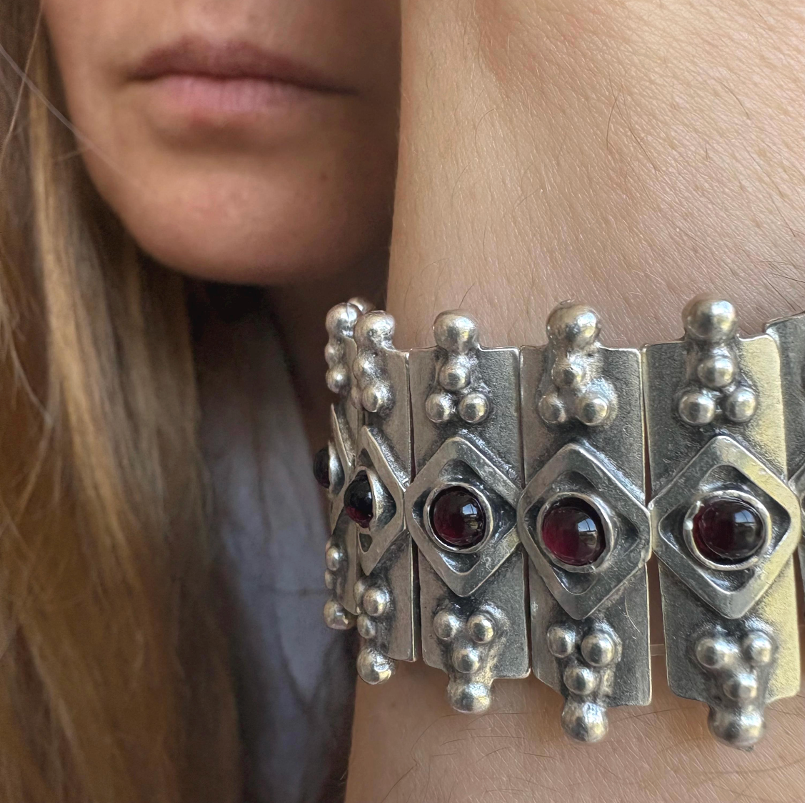 Bohemian Garnet Panel Bracelet, Silver Plated Brutalist Cuff, Gift For Her