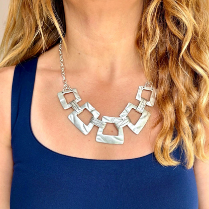 Matte Silver-plated Geometric Choker Necklace: Vintage-Modern Statement Jewellery, Gift for Her
