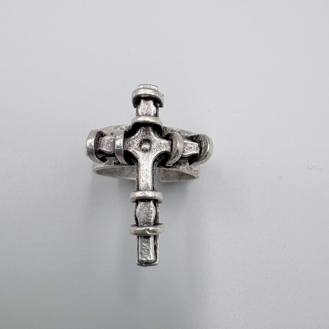 Adjustable Cross Ring, Silver Plated Brass, Gothic Brutalist Style, Unisex Ring