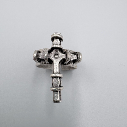 Adjustable Cross Ring, Silver Plated Brass, Gothic Brutalist Style, Unisex Ring