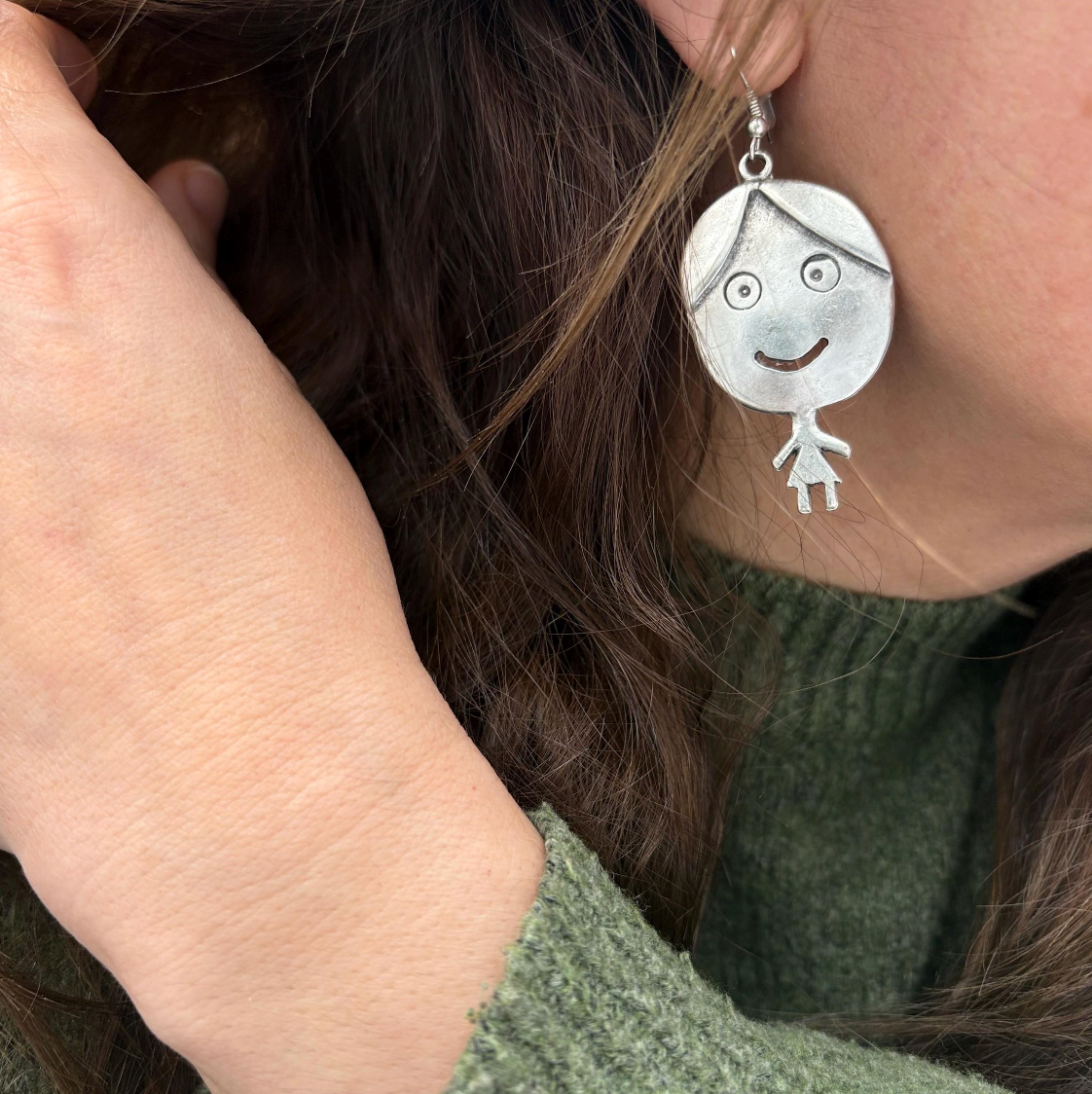 Vintage Silver Tone Smiling Boy and Girl Earrings | Whimsical Dangle Jewelry