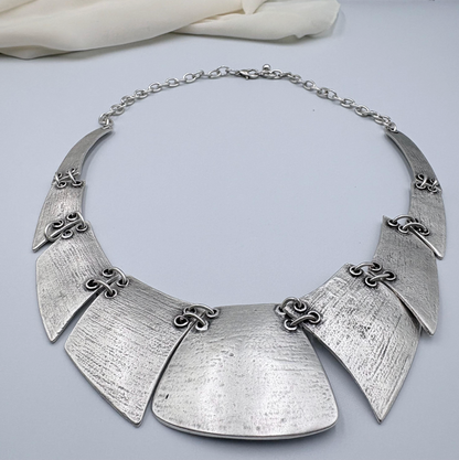 Boho Bib Necklace - Antique Silver Tone, Tribal Statement Jewelry