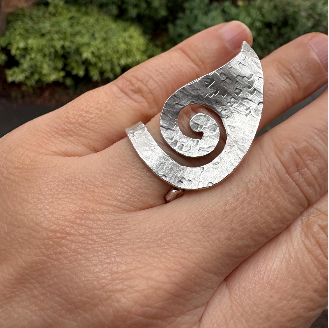 Hammered Silver Spiral Ring • Adjustable Artisan Statement Jewelry • Geometric Ring