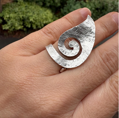 Hammered Silver Spiral Ring • Adjustable Artisan Statement Jewelry • Geometric Ring