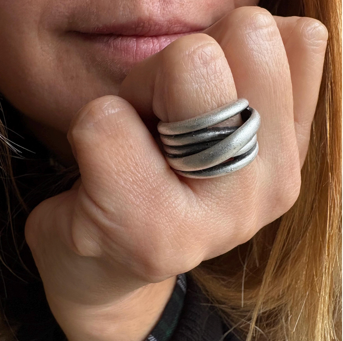 Hammered Silver Brutalist Ring, Adjustable Multi-Strand Wrap Band