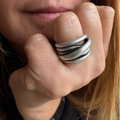 Hammered Silver Brutalist Ring, Adjustable Multi-Strand Wrap Band