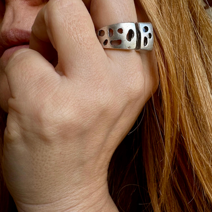 Adjustable Silver Statement Ring, Abstract Open Front Design