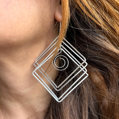 Brutalist Silver Plated Earrings, Geometric Dangle, Architectural Jewelry