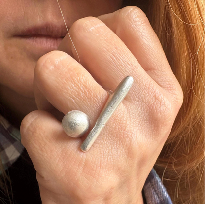 Handmade Brass Ring - Minimalist Geometric Bar and Sphere, Adjustable Size