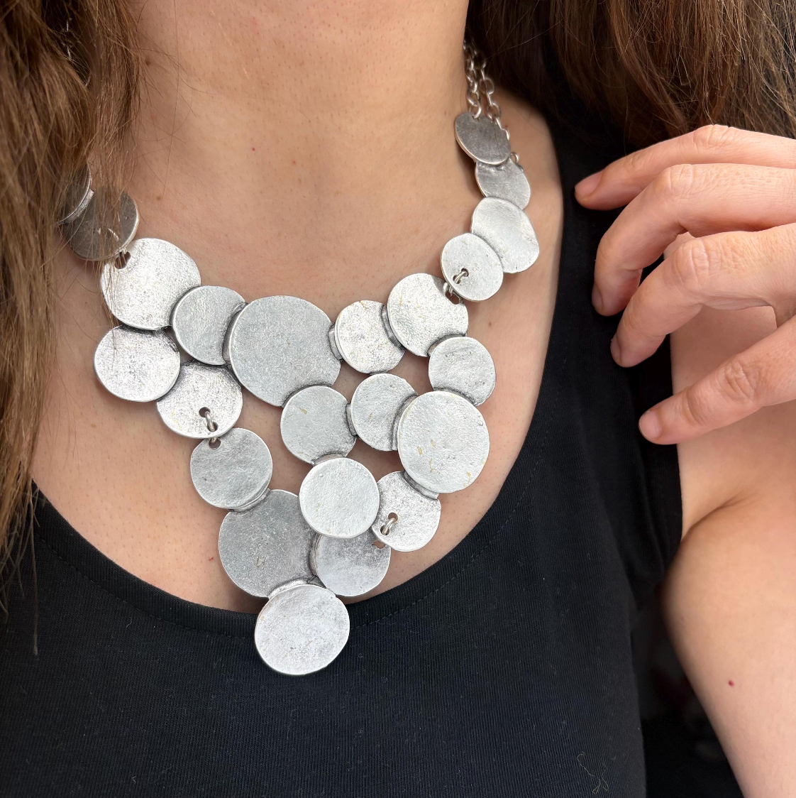 Brutalist Silver Plated Disc Necklace, Hammered Medallion Collar, Boho Bib Jewelry, Gift for Her