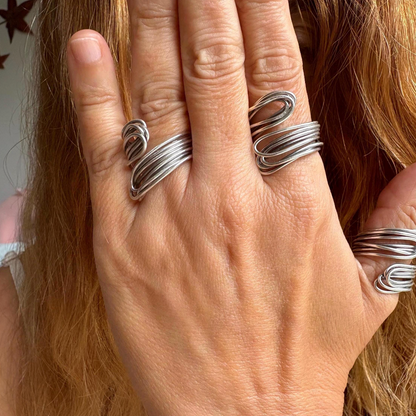 Adjustable Silver Wrap Ring with Chunky Wire Design – Gift for Her