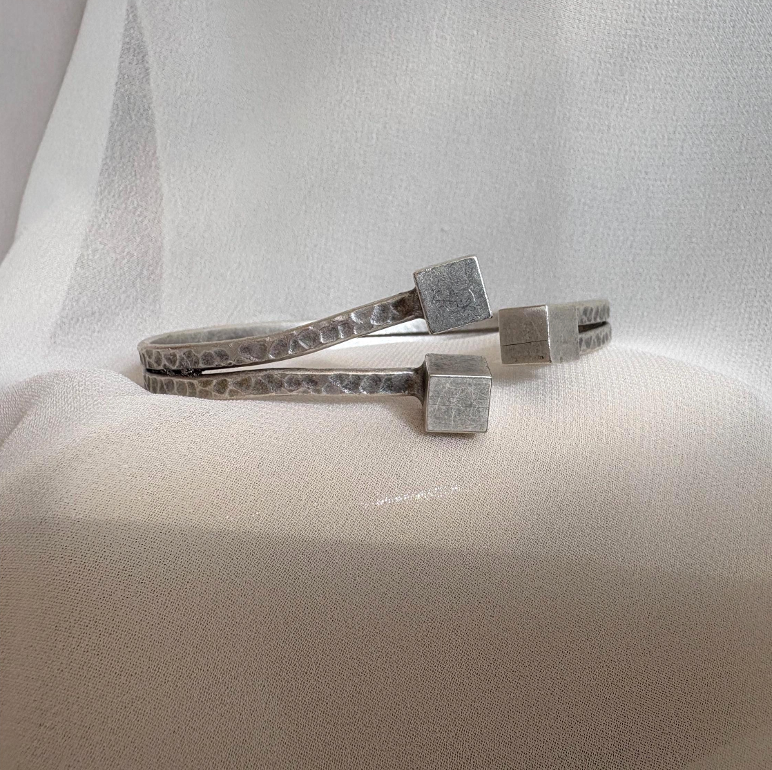 Rustic Silver Cuff Bracelet – Vintage Handmade Open Bangle with Cube Ends, Unisex Modern Jewellery