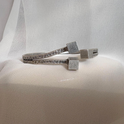 Rustic Silver Cuff Bracelet – Vintage Handmade Open Bangle with Cube Ends, Unisex Modern Jewellery