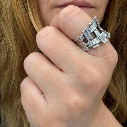 Brutalist Silver Plated Statement Ring • Adjustable Organic Jewelry