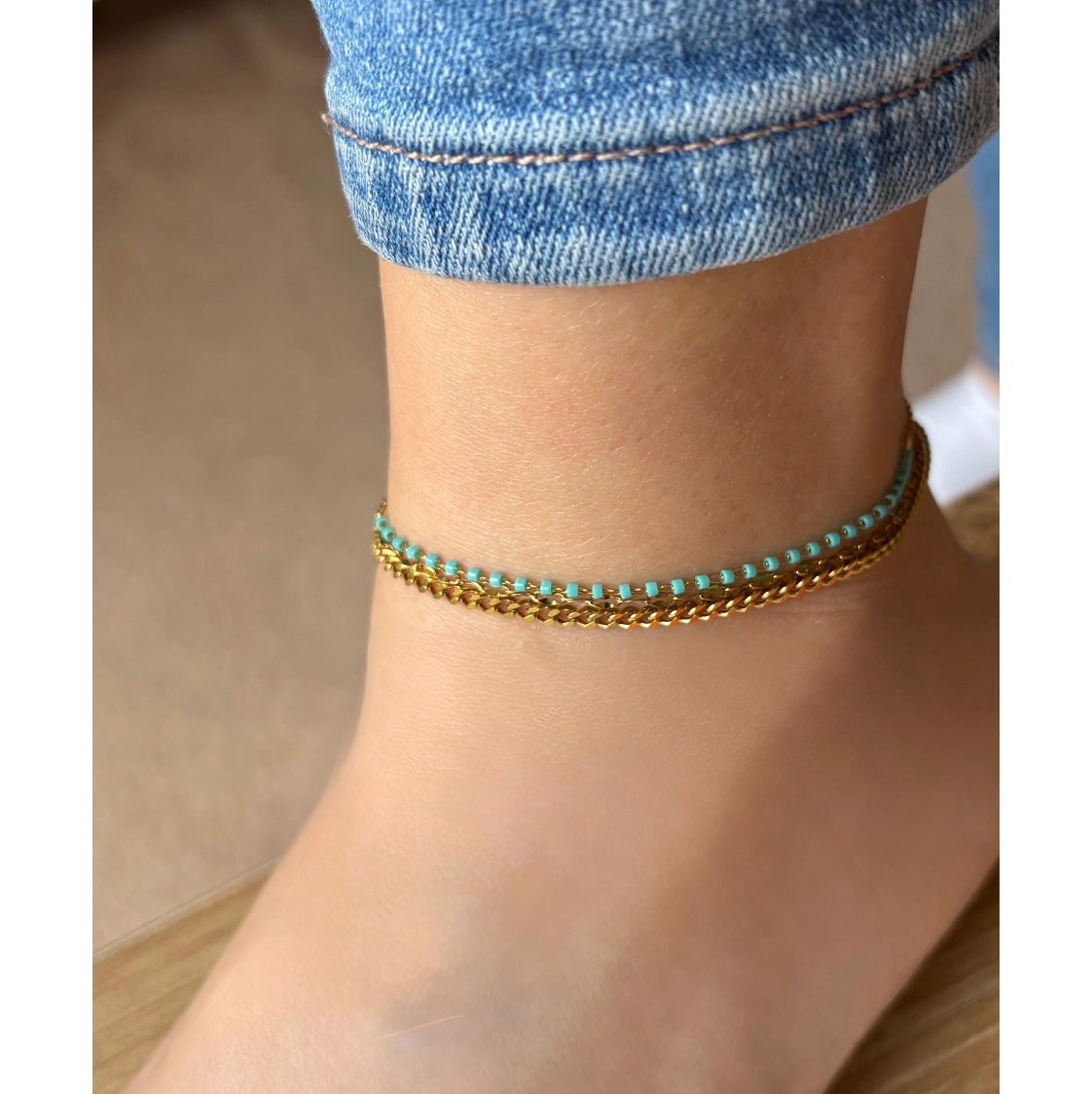 Layered Stainless Steel Anklet: Turquoise Beads, Adjustable Beach Jewelry
