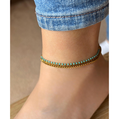 Layered Stainless Steel Anklet: Turquoise Beads, Adjustable Beach Jewelry