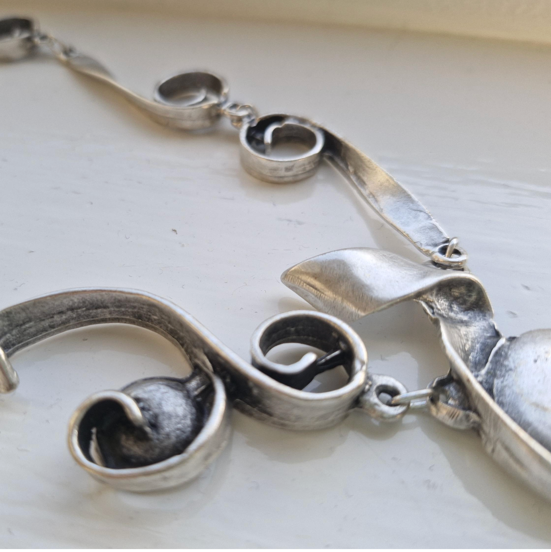 Abstract Silver Statement Necklace, Brutalist Art Deco Swirl Pendant