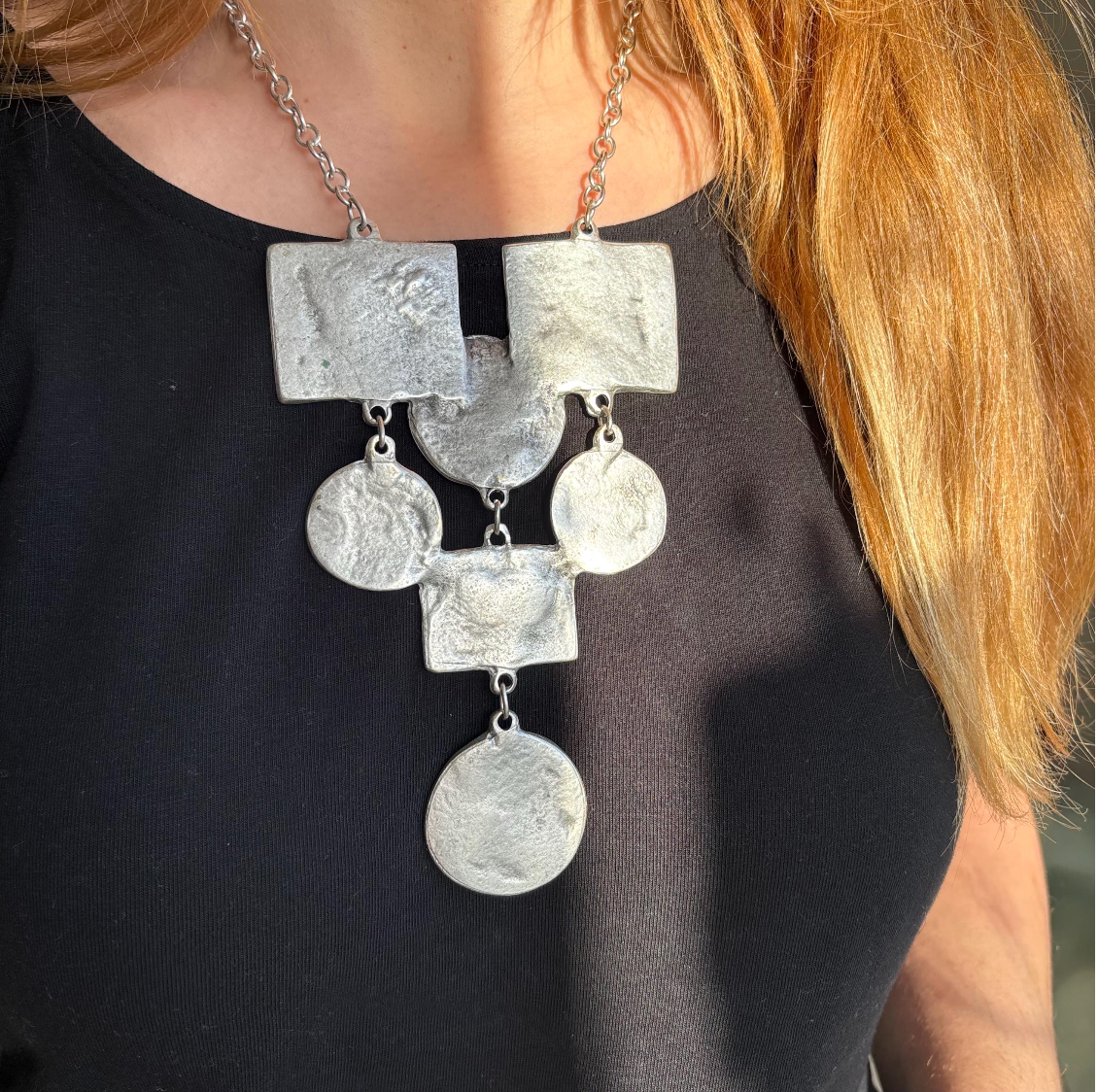 Hammered Silver-Plated Bib Necklace, Brutalist Southwestern Statement Collar