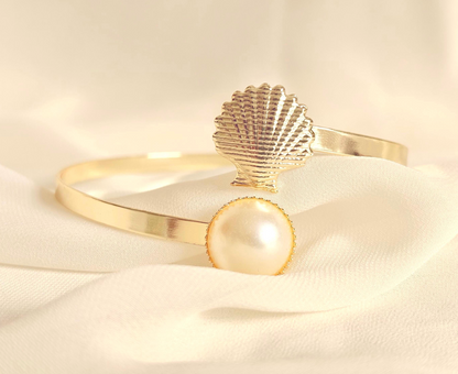 Boho Brass Arm Cuff: Shell and Faux Pearl Armlet