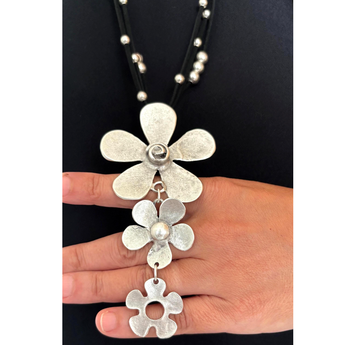 Brutalist Boho Flower Pendant Necklace, Antique Silver, Adjustable Cord