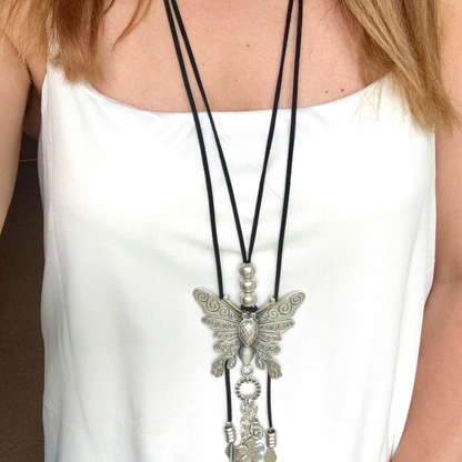 Butterfly Pendant Necklace | Boho Vintage-inspired necklace, Adjustable Long Cord Jewellery, Silver Plated Brass Jewelry