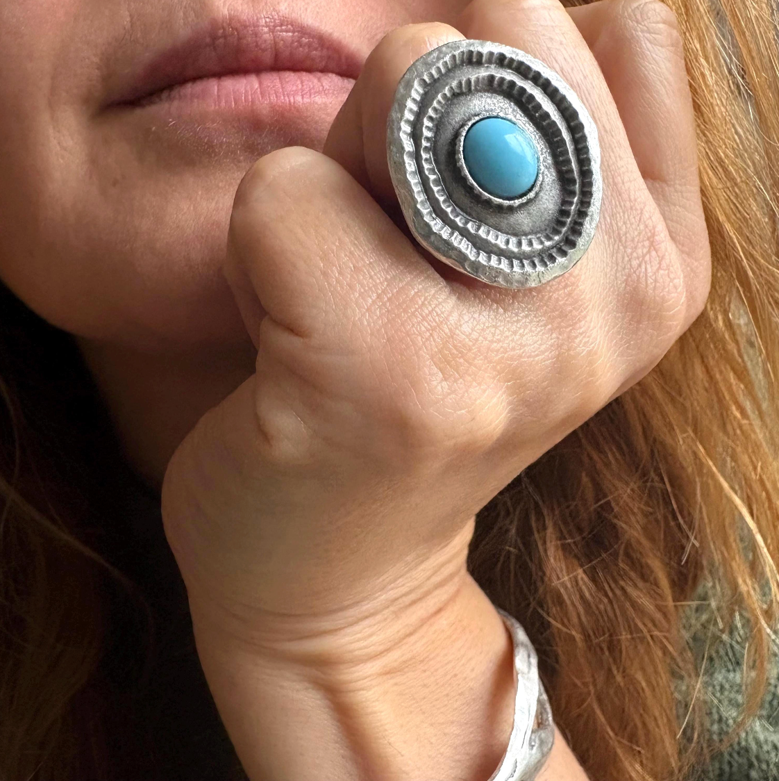 Turquoise Statement Ring, Silver Plated Brass, Adjustable Boho Jewelry