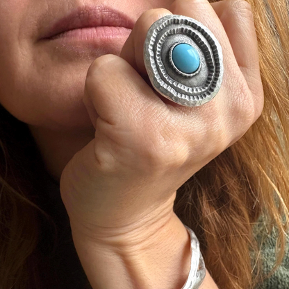 Turquoise Statement Ring, Silver Plated Brass, Adjustable Boho Jewelry