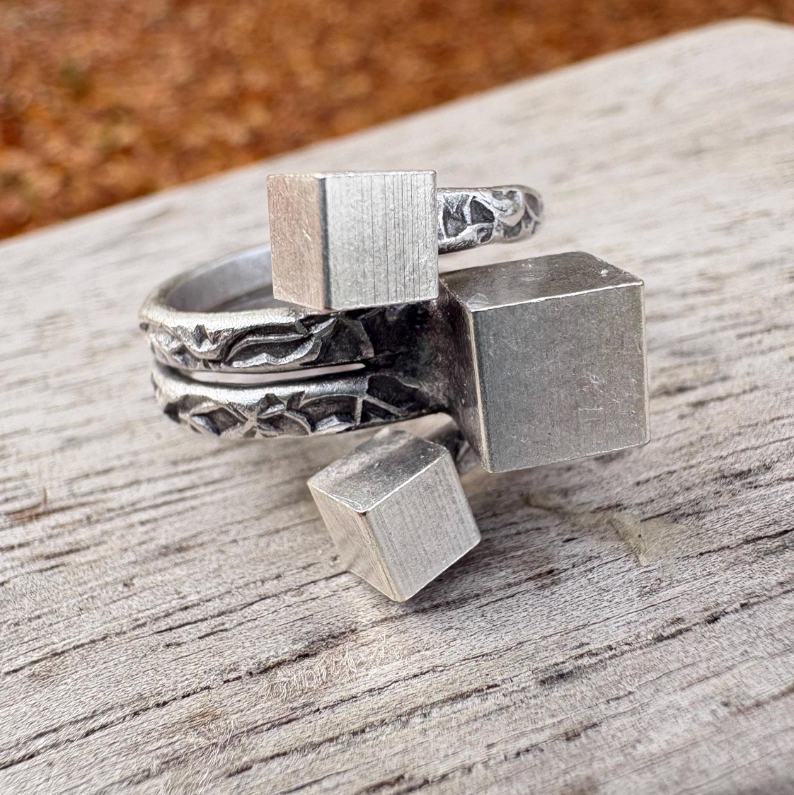 Brutalist Silver Plated Modernist Ring • Adjustable Abstract Cube Ring • Geometric Statement Jewelry • Unique Gift for Her