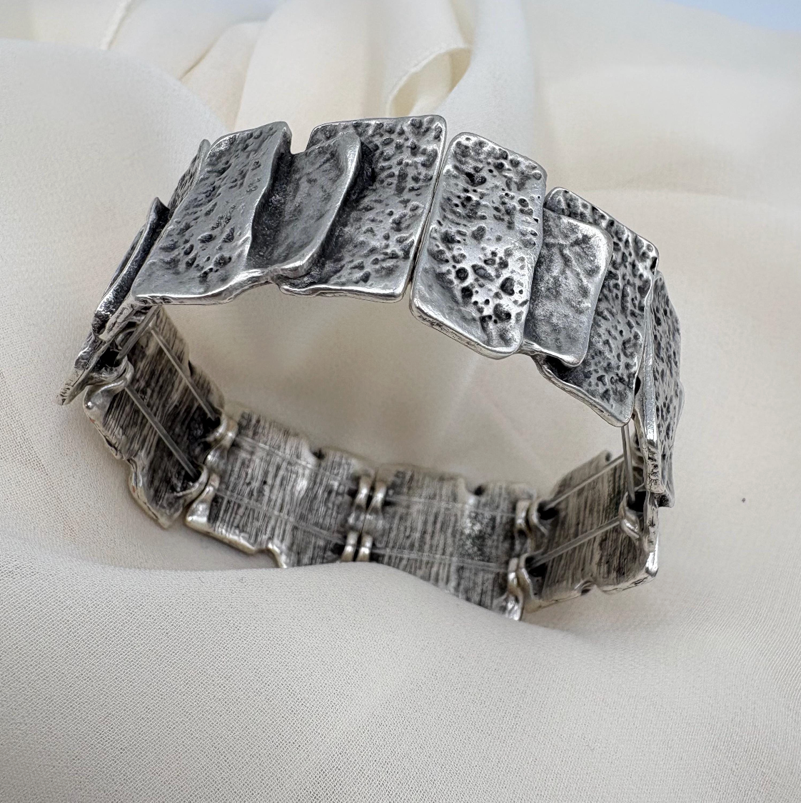 Hammered Silver Plated Stretch Bracelet, Chunky Rustic Link