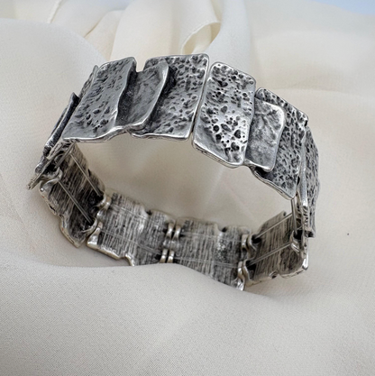 Hammered Silver Plated Stretch Bracelet, Chunky Rustic Link