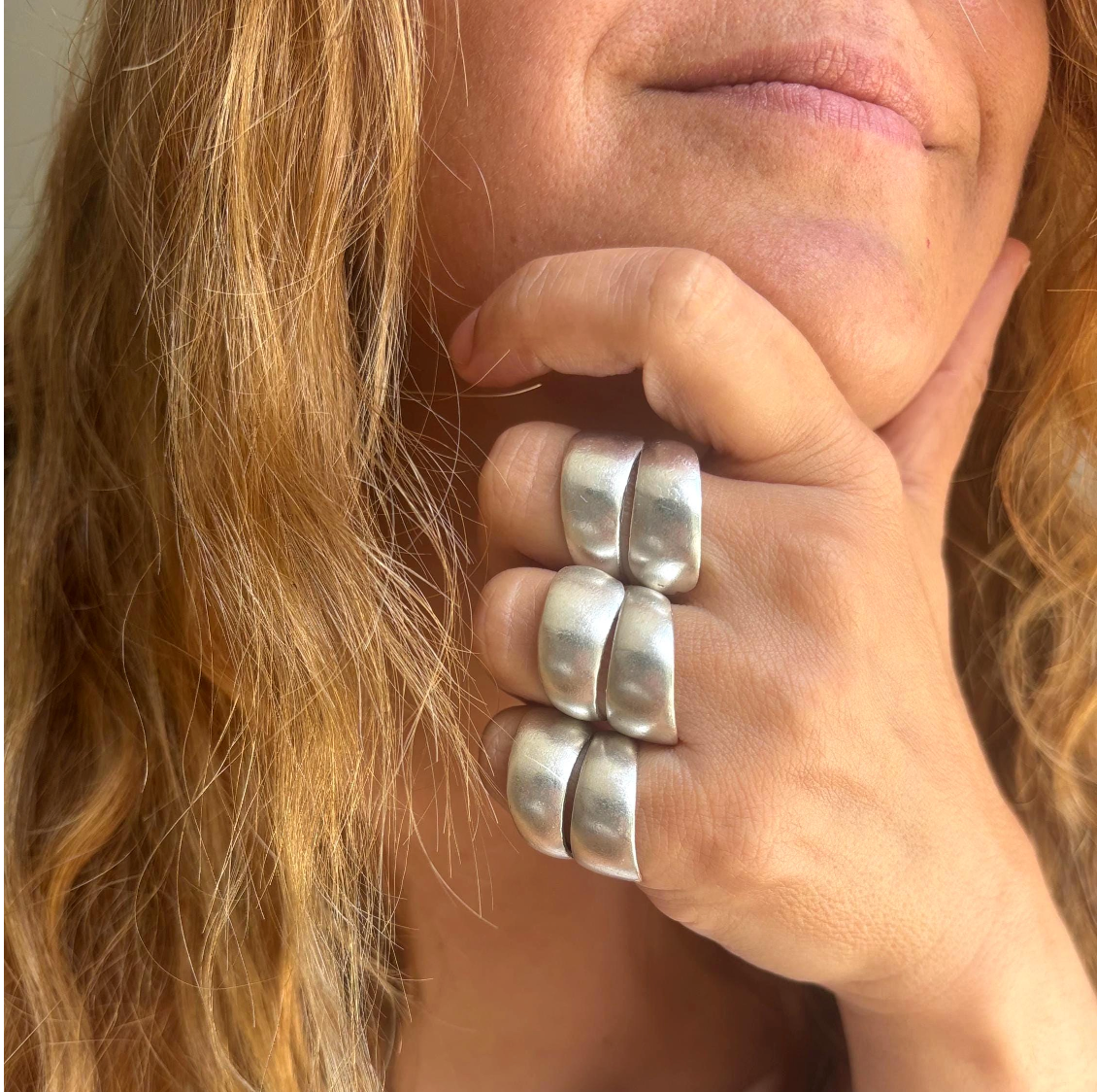 Chunky Silver Plated Brass Ring, Wide Band, Adjustable Statement Jewelry