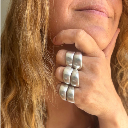 Chunky Silver Plated Brass Ring, Wide Band, Adjustable Statement Jewelry