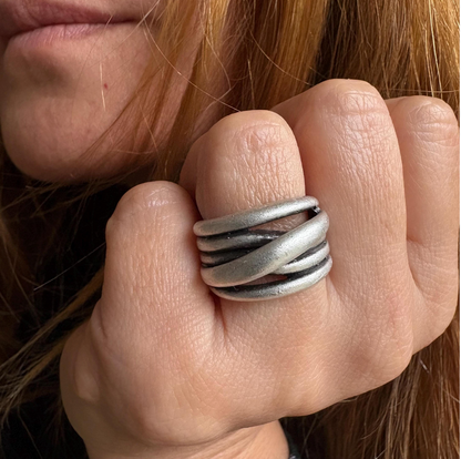 Hammered Silver Brutalist Ring, Adjustable Multi-Strand Wrap Band