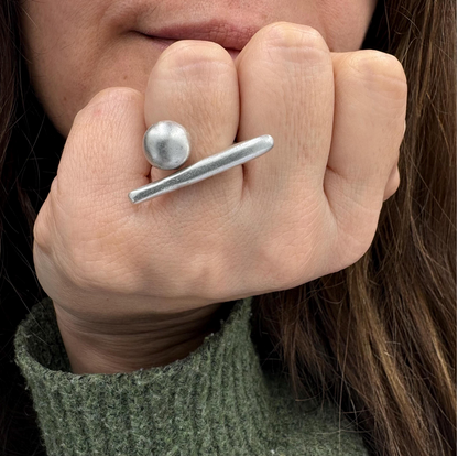 Handmade Brass Ring - Minimalist Geometric Bar and Sphere, Adjustable Size