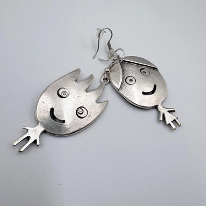 Vintage Silver Tone Smiling Boy and Girl Earrings | Whimsical Dangle Jewelry