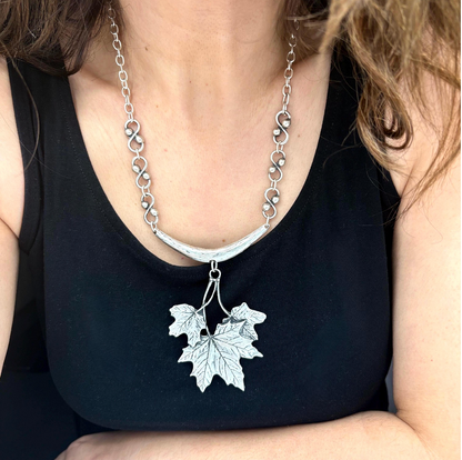Silver Maple Leaf Necklace, Rustic Boho Pendant, Woodland Jewelry
