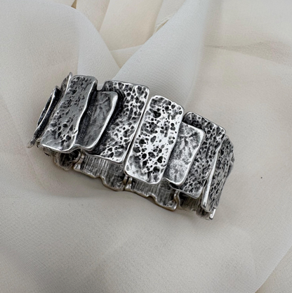 Hammered Silver Plated Stretch Bracelet, Chunky Rustic Link