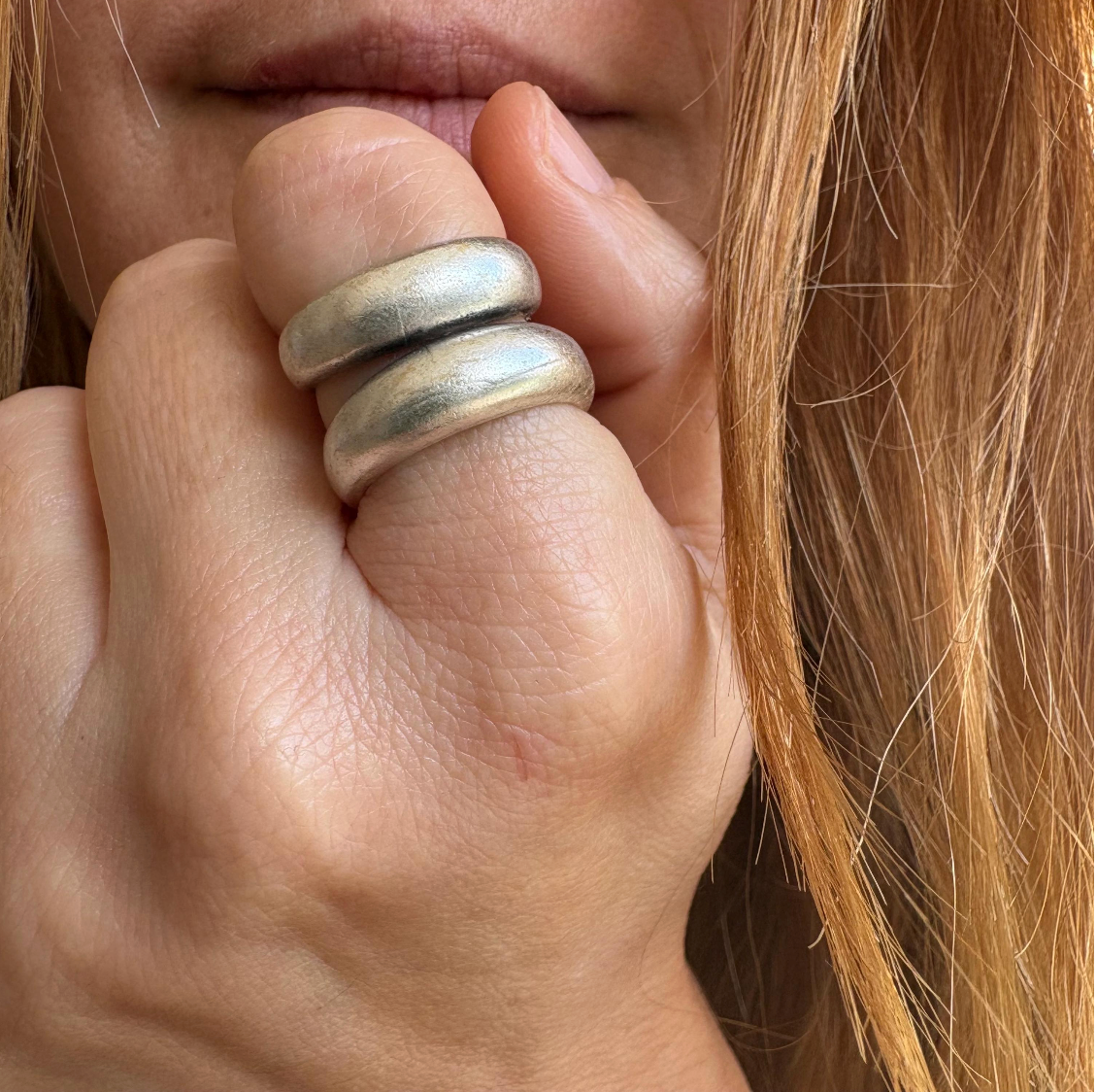 Silver-Plated Brass Brutalist Ring, Chunky Adjustable Statement Jewelry