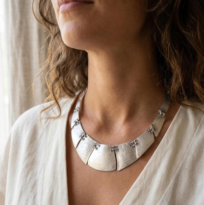 Boho Bib Necklace - Antique Silver Tone, Tribal Statement Jewelry