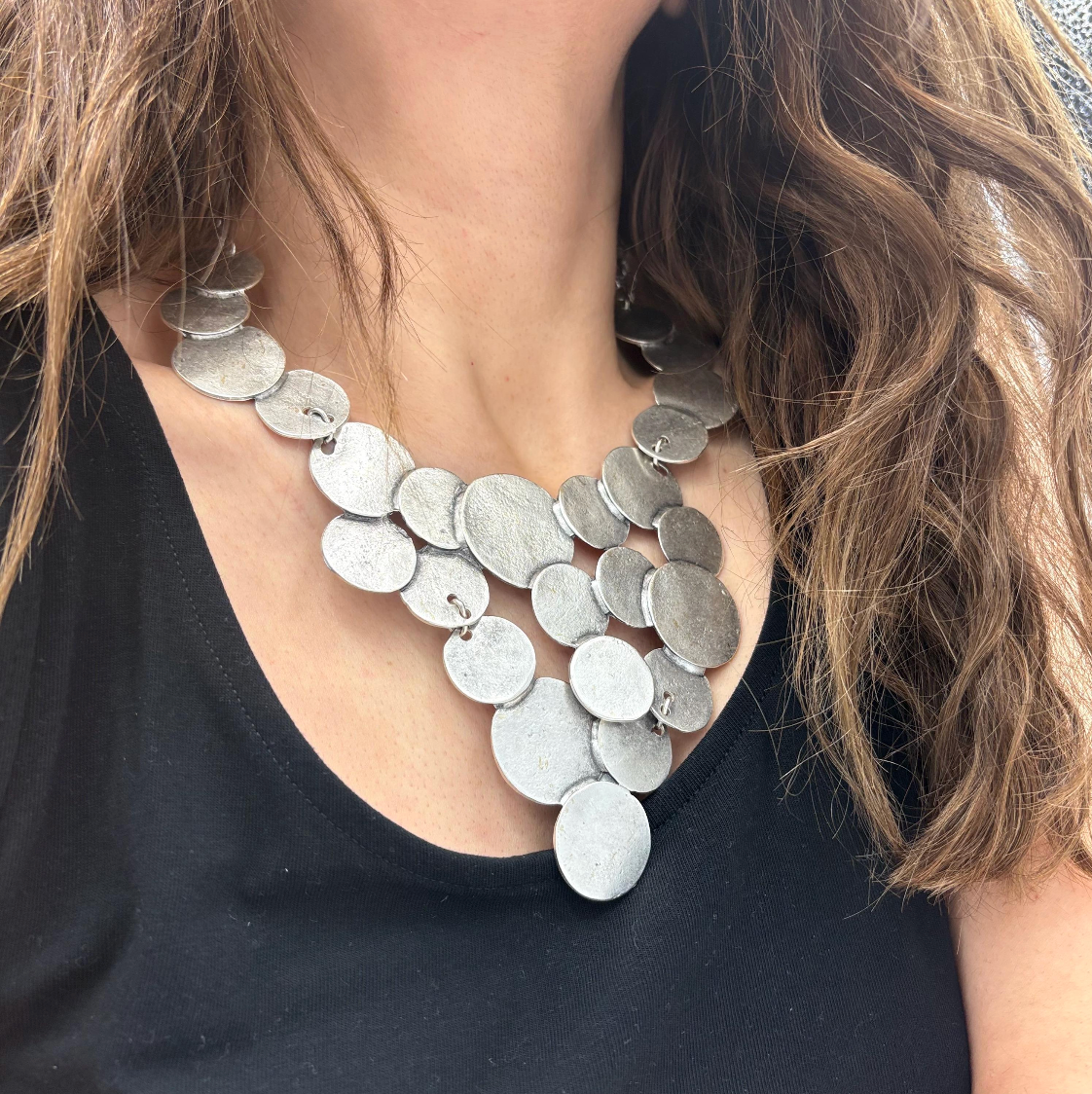Brutalist Silver Plated Disc Necklace, Hammered Medallion Collar, Boho Bib Jewelry, Gift for Her