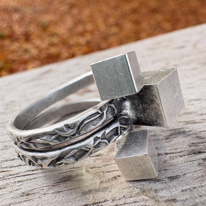 Brutalist Silver Plated Modernist Ring • Adjustable Abstract Cube Ring • Geometric Statement Jewelry • Unique Gift for Her
