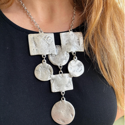 Hammered Silver-Plated Bib Necklace, Brutalist Southwestern Statement Collar