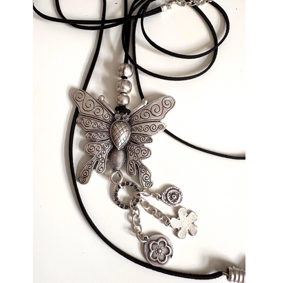 Butterfly Pendant Necklace | Boho Vintage-inspired necklace, Adjustable Long Cord Jewellery, Silver Plated Brass Jewelry