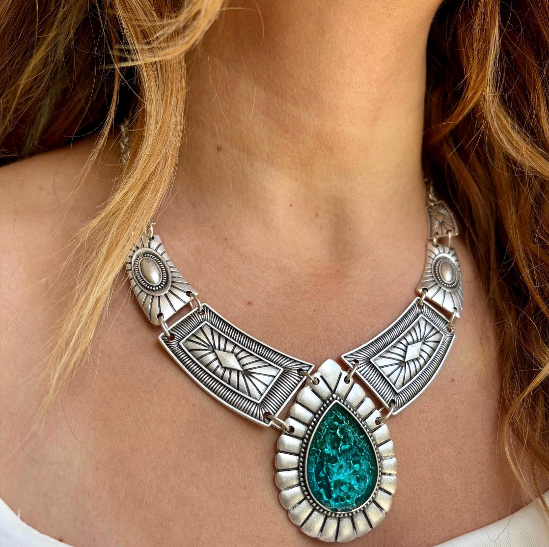 Bohemian Statement Necklace : Chunky Geometric Blue Enamel Festival Jewelry,  Silver Cord Necklace for her
