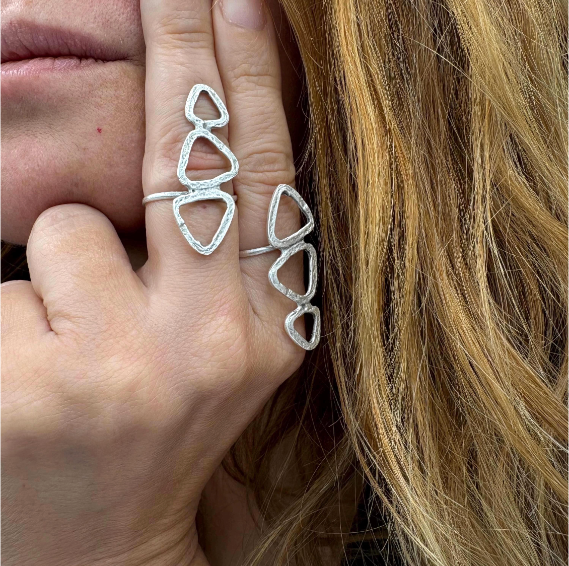 Abstract Geometric Brass Ring – Adjustable Open Band Ring, Lightweight, Nickel-Free Jewelry