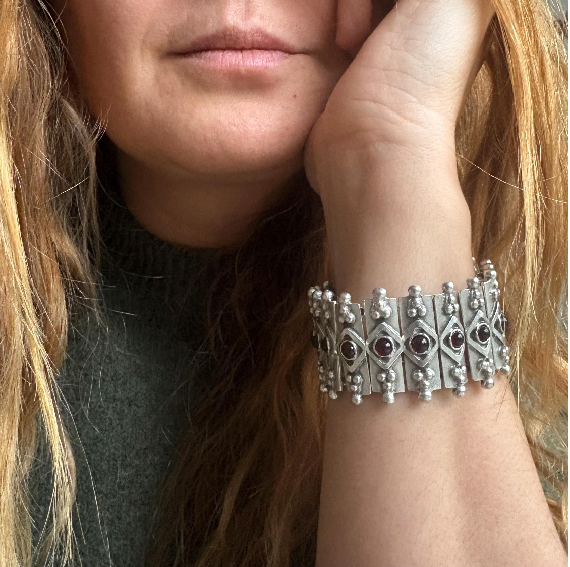 Bohemian Garnet Panel Bracelet, Silver Plated Brutalist Cuff, Gift For Her