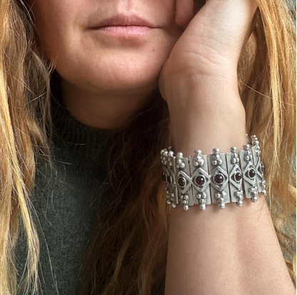 Bohemian Garnet Panel Bracelet, Silver Plated Brutalist Cuff, Gift For Her