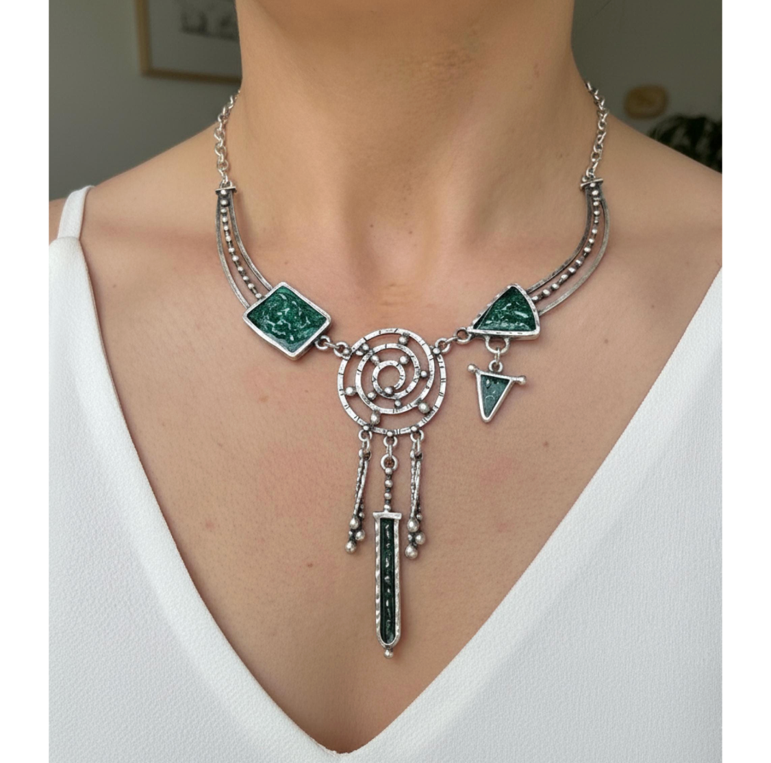 Silver Dreamcatcher Necklace, Green Enamel Boho Vintage Style Pendant, Christmas Gift for Her