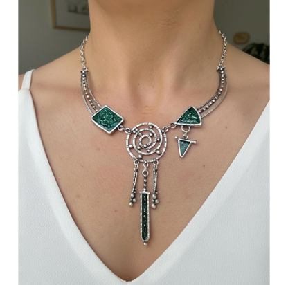 Silver Dreamcatcher Necklace, Green Enamel Boho Vintage Style Pendant, Christmas Gift for Her